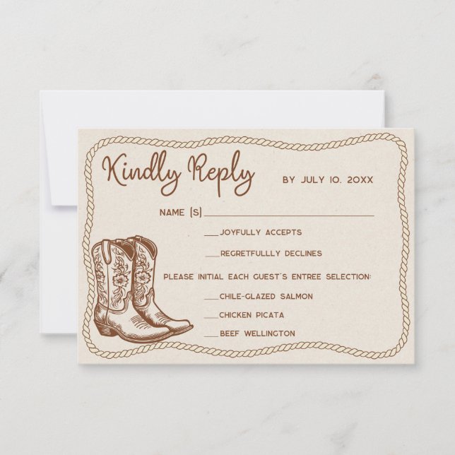 Tarjeta De Confirmación De Asistencia Western Cowboy Boots Barn Wedding Meal Choice (Anverso)