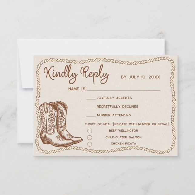 Tarjeta De Confirmación De Asistencia Western Cowboy Boots Barn Wedding Meal Choice (Anverso)