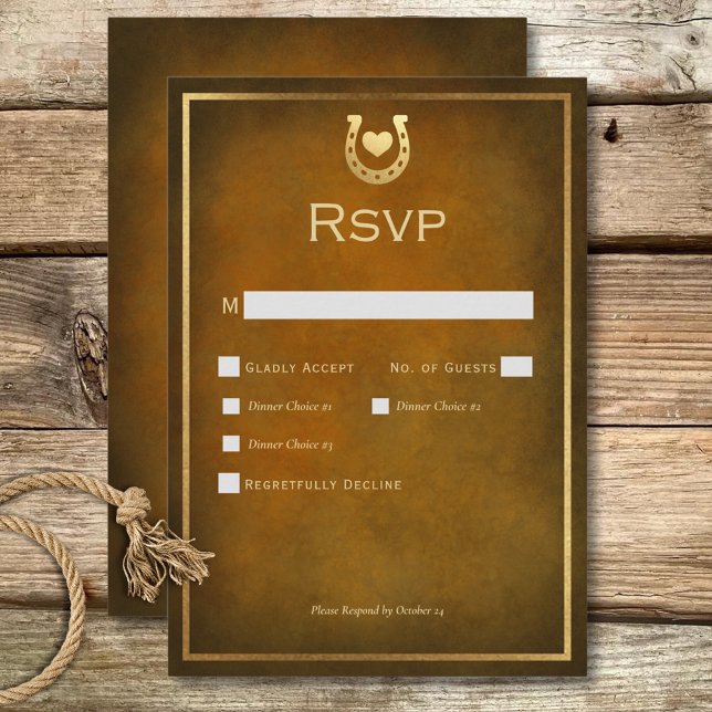 Tarjeta De Confirmación De Asistencia Western Rustic Horseshoe Brown & Gold Dinner (Western Rustic Horseshoe Brown & Gold Dinner RSVP Card)