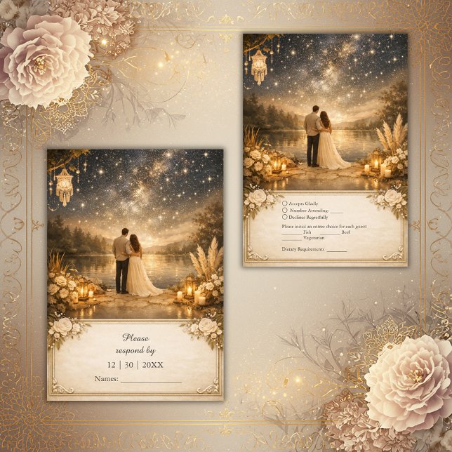 Tarjeta De Confirmación De Asistencia Whimsical Blue Gold Starry Night outdoor wedding (Subido por el creador)