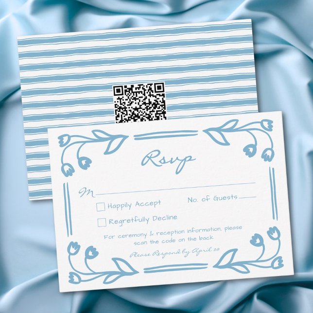 Tarjeta De Confirmación De Asistencia Whimsical Blue Hand Drawn Floral Stripe Wedding QR (Whimsical Blue Hand Drawn Floral Stripe Wedding QR RSVP Card)