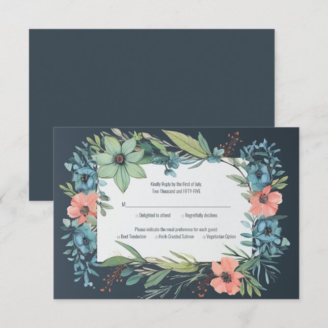 Tarjeta De Confirmación De Asistencia Whimsical Floral Salmon Blue Green Boda (Anverso / Reverso)