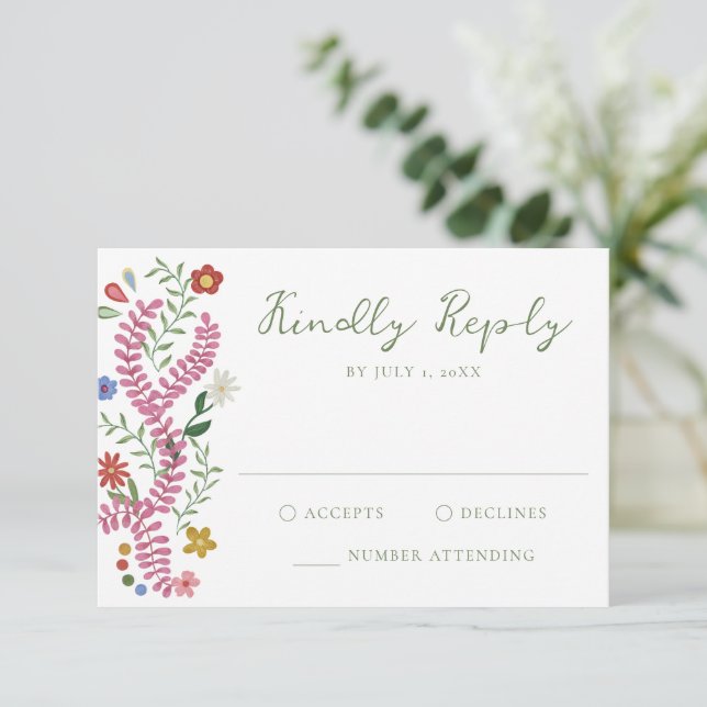 Tarjeta De Confirmación De Asistencia Whimsical Folk Art Floral Wedding (Anverso de pie)
