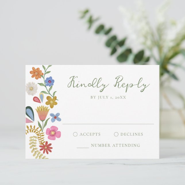 Tarjeta De Confirmación De Asistencia Whimsical Folk Art Floral Wedding (Anverso de pie)