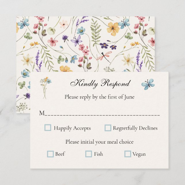 Tarjeta De Confirmación De Asistencia Whimsical Wildflowers Meadow Wedding  (Anverso / Reverso)