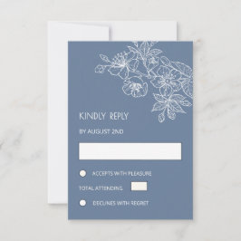 Tarjeta De Confirmación De Asistencia White Floral Line Art Dusty Blue Wedding