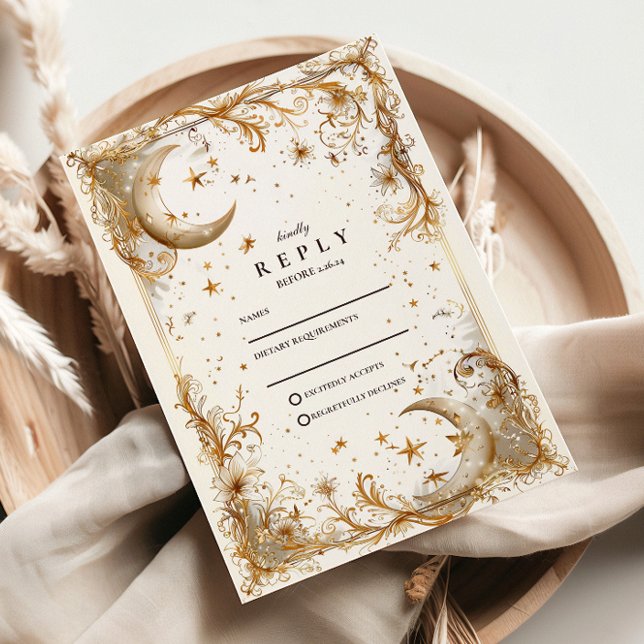 Tarjeta De Confirmación De Asistencia White Gold Celestial Moon & Stars Wedding (Subido por el creador)