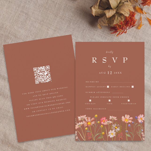 Tarjeta De Confirmación De Asistencia Wildflower Boho Fall Terracotta Meal Options (Wildflower boho fall floral terracotta rust beige Wedding qr code RSVP enclosure card Meal options)