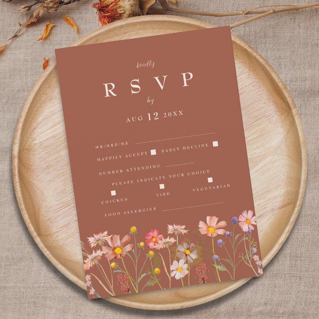 Tarjeta De Confirmación De Asistencia Wildflower Boho Terracotta Meal Option Wedding (Wildflower boho fall floral terracotta rust beige Wedding reception meal options RSVP enclosure card)