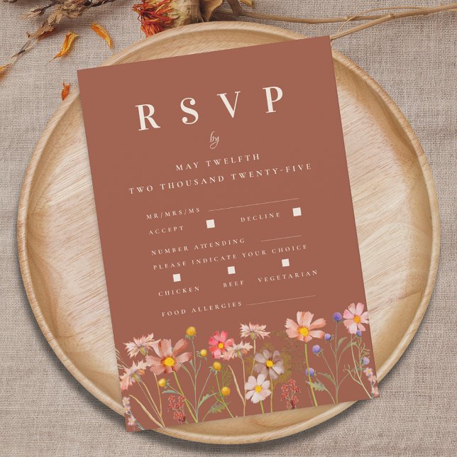 Tarjeta De Confirmación De Asistencia Wildflower Fall Terracotta Meal Options Wedding (Wildflower boho fall floral terracotta rust meal options Wedding RSVP card Autumn garden meadow )