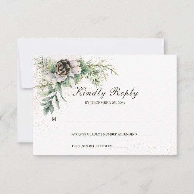 Tarjeta De Confirmación De Asistencia Winter Berries Pine Greenery Boda (Anverso)