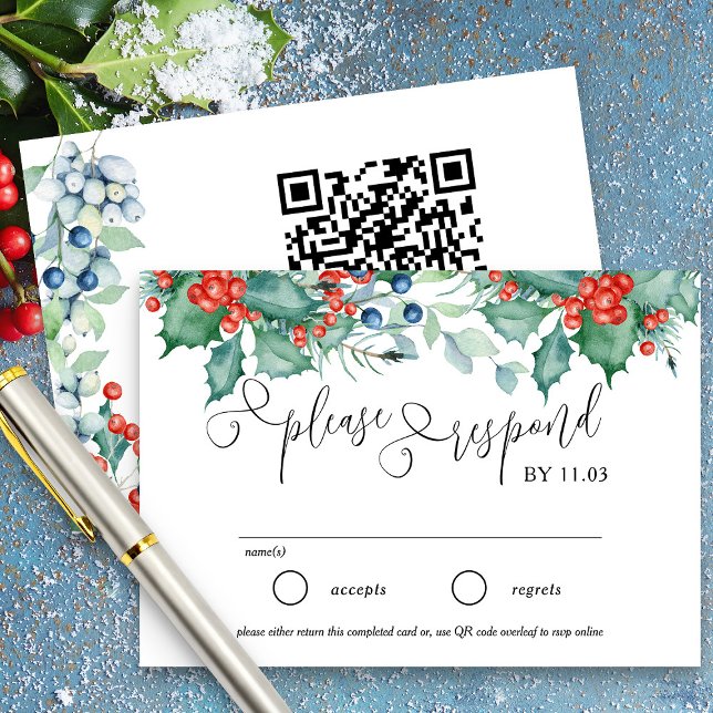 Tarjeta De Confirmación De Asistencia Winter Berries y Holly Boda Website y (RSVP with option of traditional response or online rsvp from my Winter Berries wedding suite)