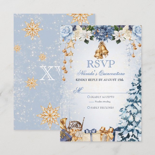 Tarjeta De Confirmación De Asistencia Winter Wonderland Blue and Gold Quinceanera (Anverso / Reverso)
