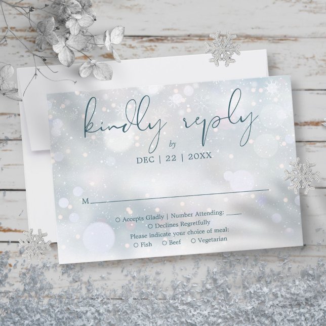 Tarjeta De Confirmación De Asistencia Winter Wonderland Elegant Script Snow Boda (Winter Wonderland Elegant Script Snow Wedding RSVP Card)
