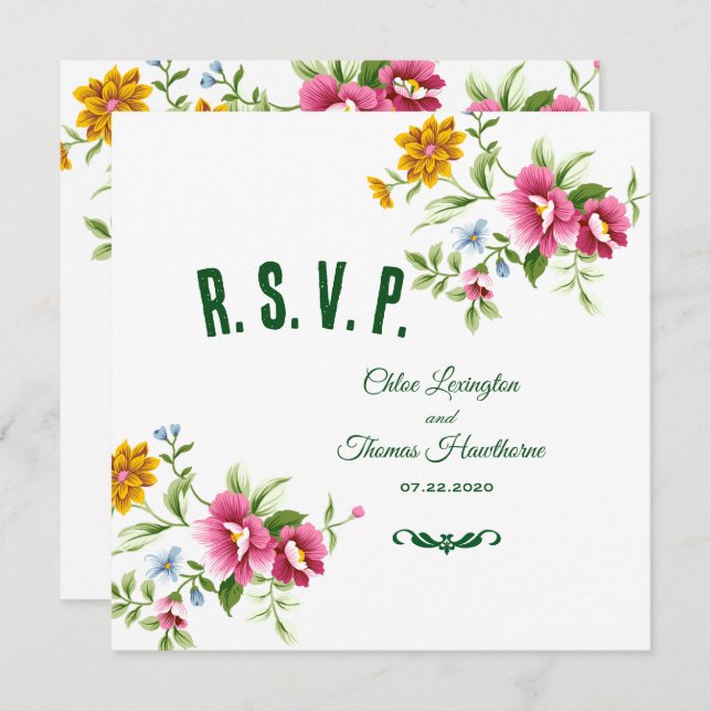 Tarjeta de confirmación de boda con hermosas flore (Anverso / Reverso)