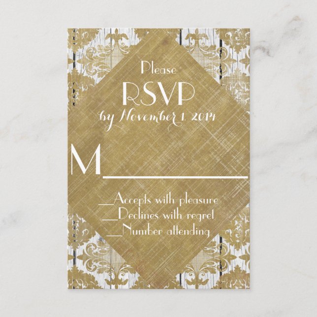 Tarjeta de confirmación de boda de damasco dorado  (Anverso)