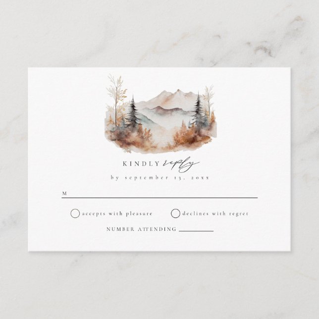 Tarjeta de confirmación de boda de otoño en montañ (Anverso)