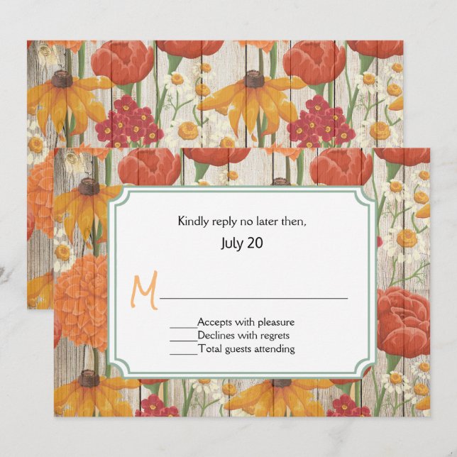 Tarjeta de confirmación de boda floral naranja rús (Anverso / Reverso)