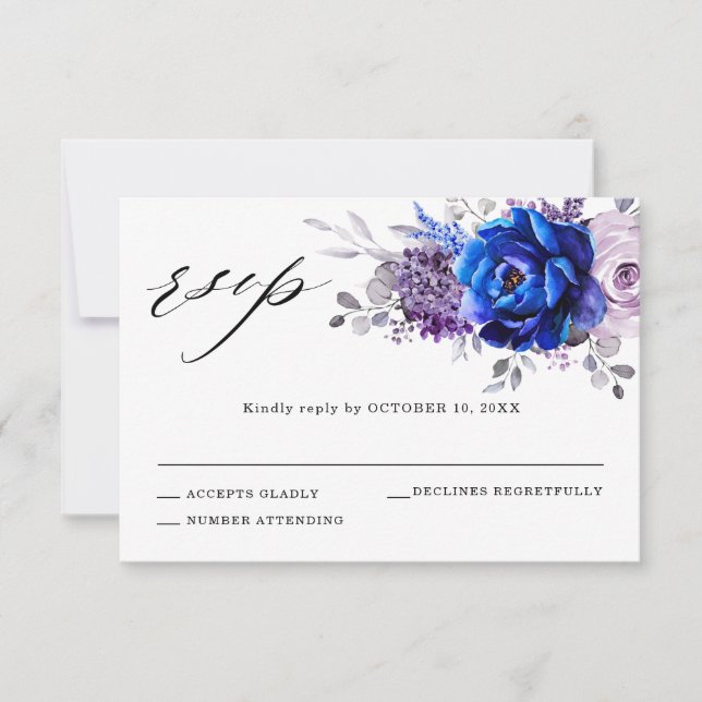 Tarjeta de confirmación de boda floral púrpura lil (Anverso)
