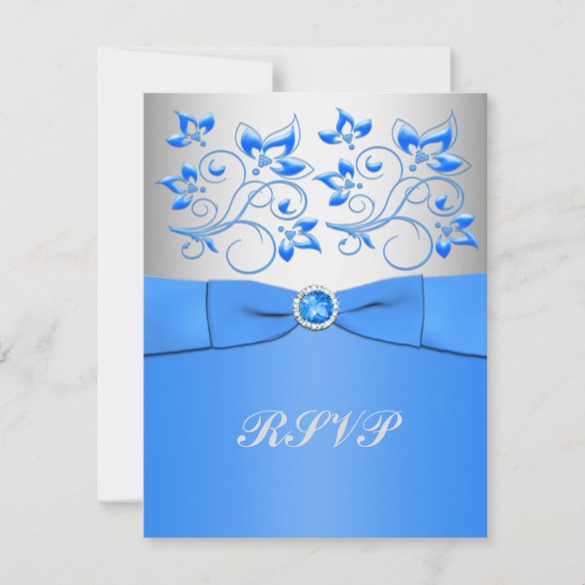 Tarjeta de confirmación floral azul y plateado (Anverso)