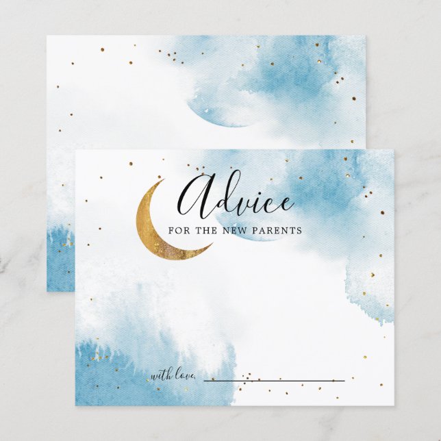 Tarjeta de consejo Baby Shower Blue Gold Moon Star (Anverso / Reverso)