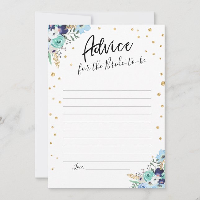 Tarjeta de consejo Blue Floral Gold Bridal Shower (Anverso)