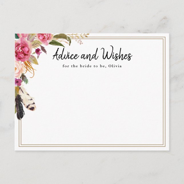 Tarjeta de consejo Boho Flowers & Feathers Bridal  (Anverso)