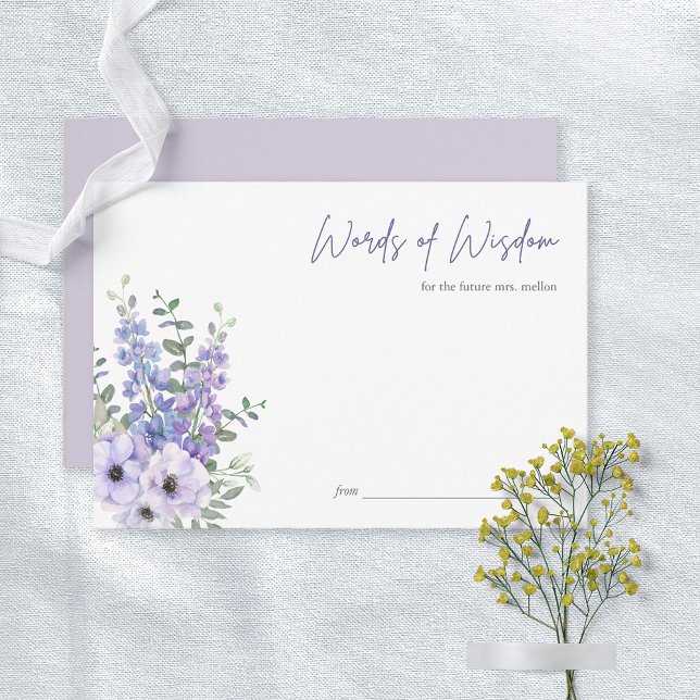 Tarjeta de consejo de ducha con guión de flores mo (Purple Flower Script Bridal Shower Advice Card)