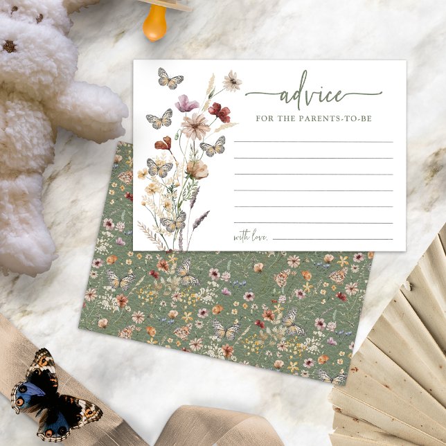 Tarjeta de consejo de flores silvestres del Boho v (Sage Green Boho Wildflower Advice Card with Butterflies by Painted Paperie
)