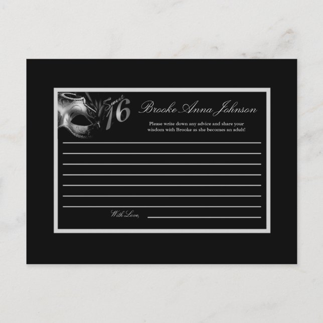 Tarjeta de consejo escribible Sweet 16 Silver Blac (Anverso)