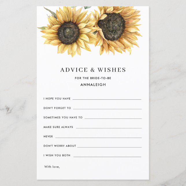 Tarjeta de consejo Floral Sunflower Bridal Shower (Anverso)