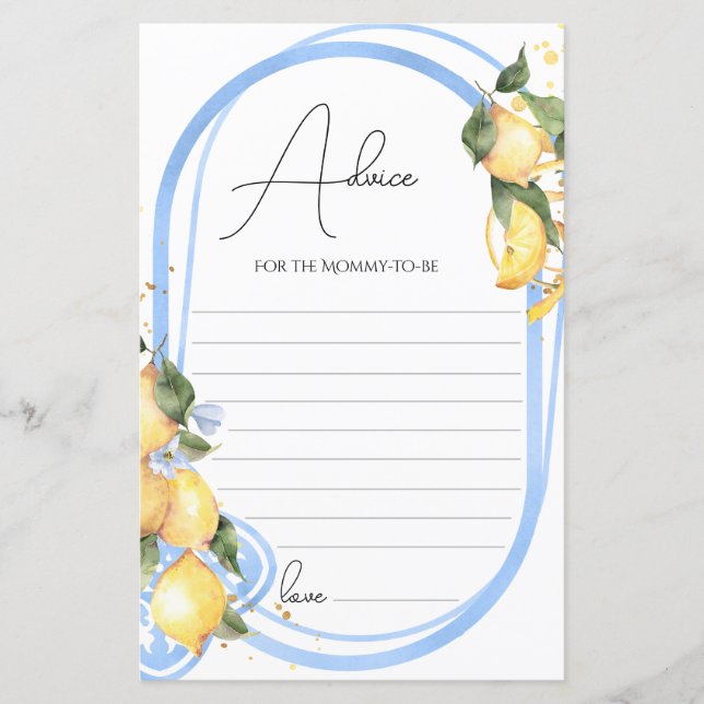 Tarjeta De Consejo Mamá Para Ser Lemon Baby Shower (Anverso)