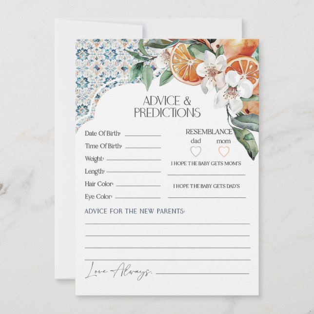 Tarjeta de consejo para bebé con azulejos de Tosca (Anverso)