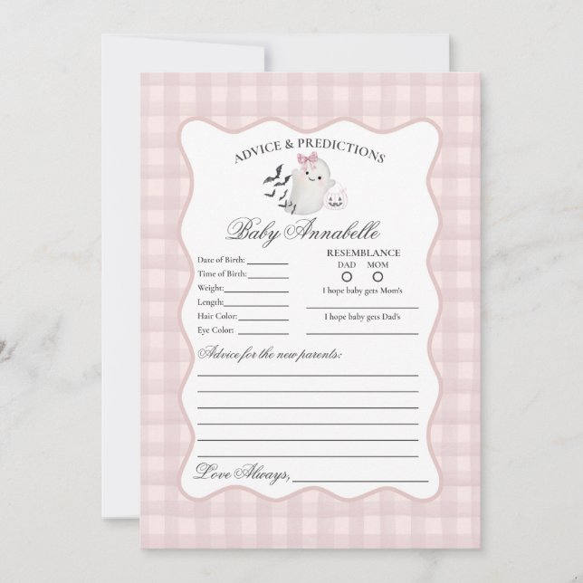 Tarjeta de consejo para bebé fantasma pastel rosa  (Anverso)