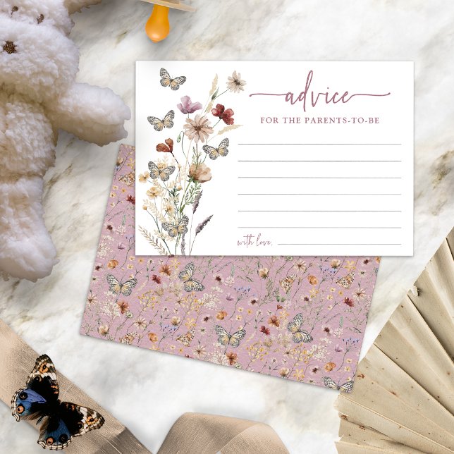 Tarjeta de consejo para flores silvestres de boho  (Dusty Pink Watercolor Boho Wildflower Advice Card with Butterflies by Painted Paperie
)