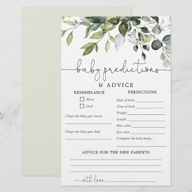 Tarjeta de consejo para predicciones del bebé géne (Anverso / Reverso)