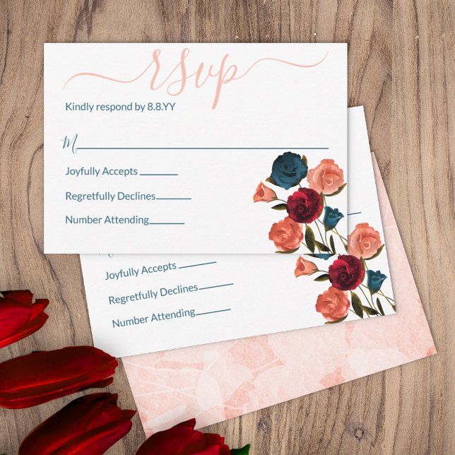 Tarjeta de consejo RSVP para Rosas verdes Verde az (summer sangria wine burgundy red peach wedding rsvp enclosure cards outdoor garden wedding botanical)