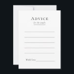 Tarjeta de consejo simple y moderna para Bodas<br><div class="desc">Este sencillo y moderno diseño de tarjetas de consejo boda combina el encanto clásico con la sencillez contemporánea. Con un enfoque minimalista, el diseño se caracteriza por unas líneas depuradas, unos tonos neutros y una sofisticada paleta blanca y negra, lo que garantiza una sencillez refinada en cada detalle. Ya sea...</div>