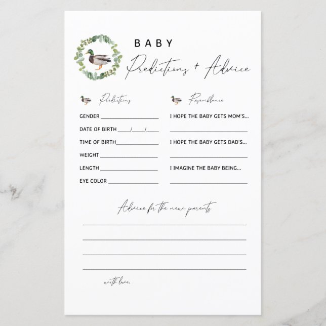 Tarjeta de consejo y predicciones para bebés pato  (Anverso)