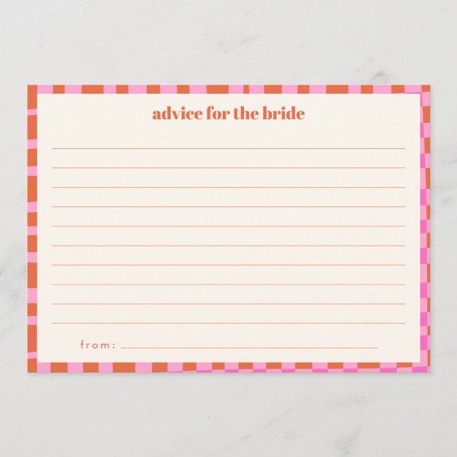 Tarjeta De Consejos Abstract Checker Pink Orange Custom Bridal Shower (Anverso)