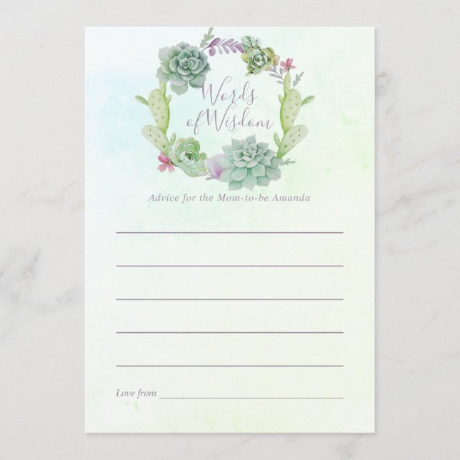 Tarjeta De Consejos Acuarela Suculenta Consejos de Mamá de Baby Shower (Anverso)