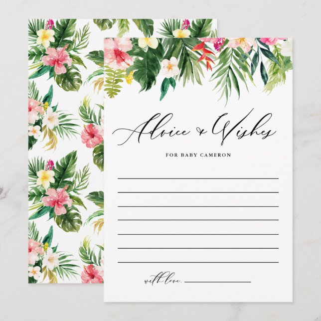 Tarjeta De Consejos Acuarela Tropical Garland: Deseos para el bebé (Anverso / Reverso)