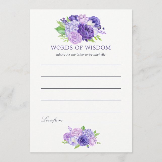 Tarjeta De Consejos Acuarela ultra violeta Floral Bridal Mom Advance (Anverso)