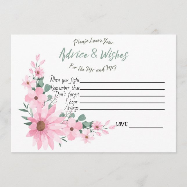 Tarjeta De Consejos Advice and Wishes Bridal Shower Pink Flowers Card (Anverso)