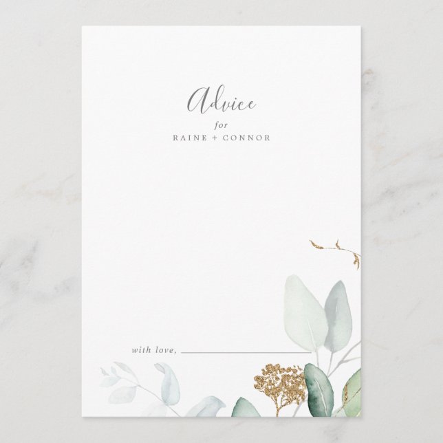 Tarjeta De Consejos Airy Greenery y Gold Leaf Boda (Anverso)