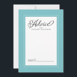Tarjeta De Consejos Aqua Elegant Wedding, frontera de deseos recién ca<br><div class="desc">Elegante Boda Asesoramiento de Deseos Recién Jubilados en el diseño boda Aqua & White ofrece un hermoso borde de moda en moda azul-verde que incluye un elegante borde blanco pequeño. La caligrafía y la escritura son de color gris carbón sobre fondo blanco y complementan el diseño único del boda. No...</div>