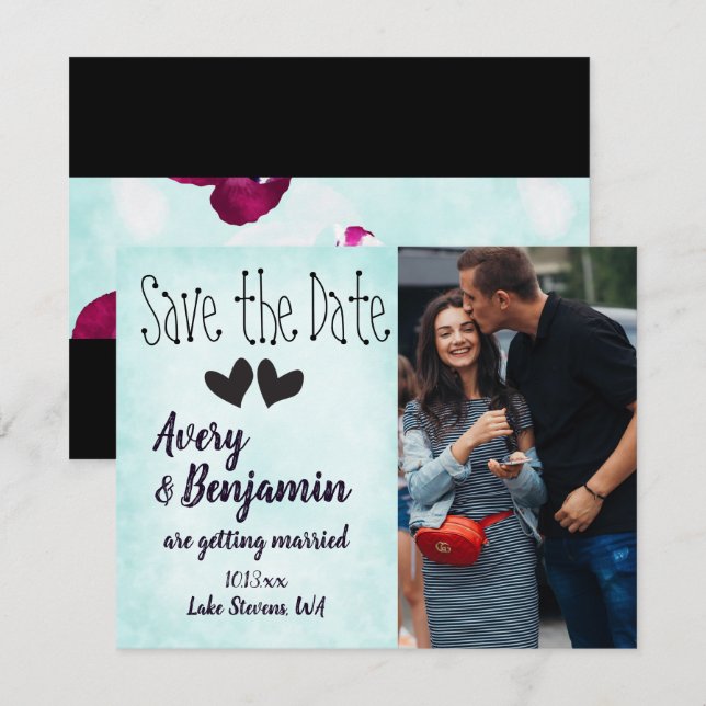 Tarjeta De Consejos Aqua, Magenta, Black Hearts Save the Date Card (Anverso / Reverso)