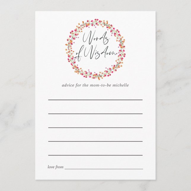 Tarjeta De Consejos Aquarelle Wild Flower Baby Shower Mom Advice (Anverso)