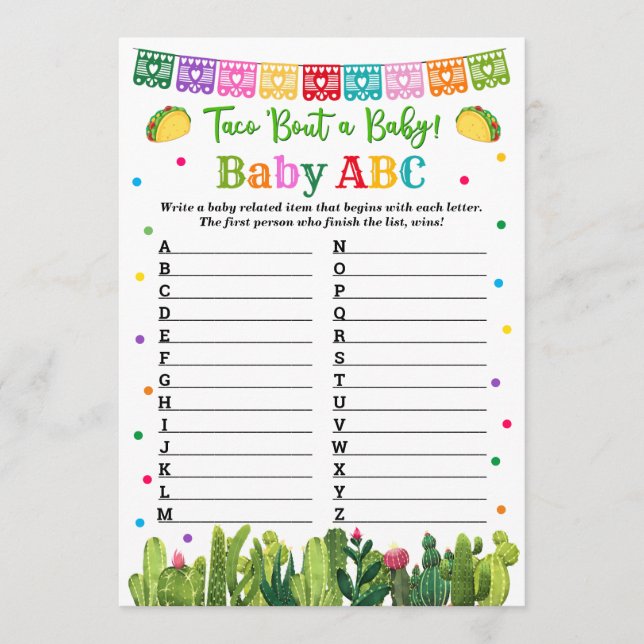 Tarjeta De Consejos Baby ABC Game Taco Baby Shower (Anverso)