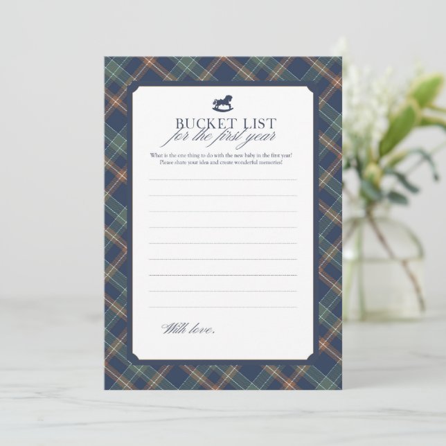 Tarjeta De Consejos Baby Bucket List First Year Navy Plaid Baby Shower (Anverso de pie)